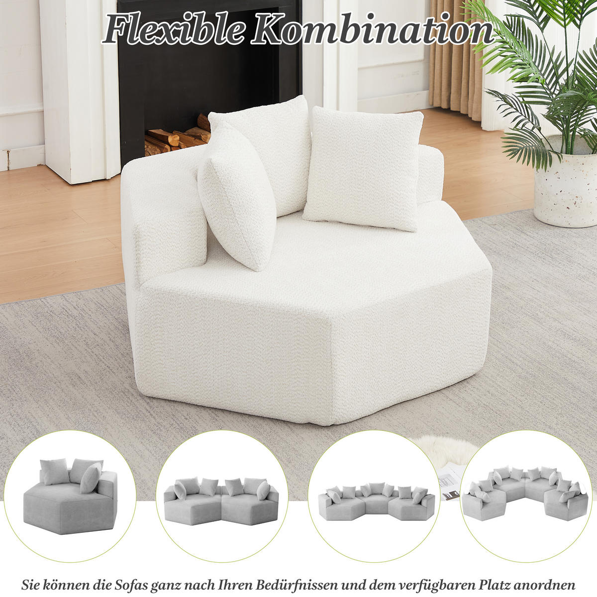 SESSEL 2er-Set Sechseckig modular mit 3 Kissen, DE-42738, Beige - Beige, Textil (138/76/122cm) - ComfortXL