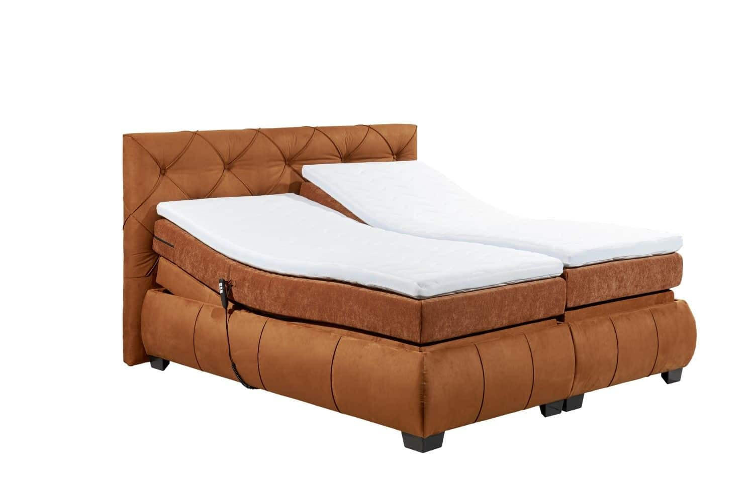 BOXSPRINGBETT 180x200 – Motorfunktion, 7-Zonen-Tonnentaschen-Federkernmatratze, Gel-Lux-Topper - Cognac/Anthrazit, Holz/Kunststoff (180/200cm) - ed exciting design