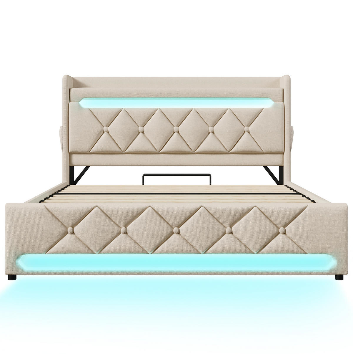 POLSTERBETT aus Leinen 140x200 cm in Beige mit LED, USB-C & Stauraum - Beige, Textil (140/200cm) - Modfu