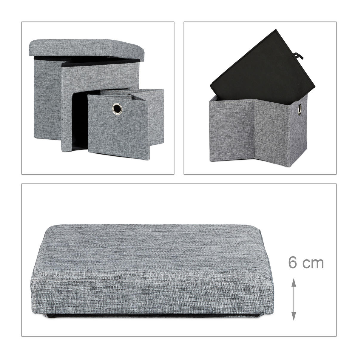 FALTBARER Sitzhocker - Grau, Holzwerkstoff/Textil (38/38/38cm) - Relaxdays