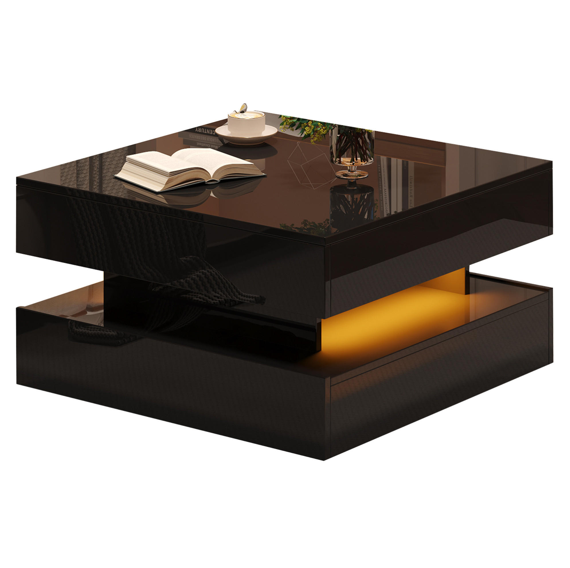 Modfu KONFERENČNÍ stolek z dřevotřísky 65x65x38,5 cm černý s výklopnou deskou, LED osvětlením a 2 zásuvkami