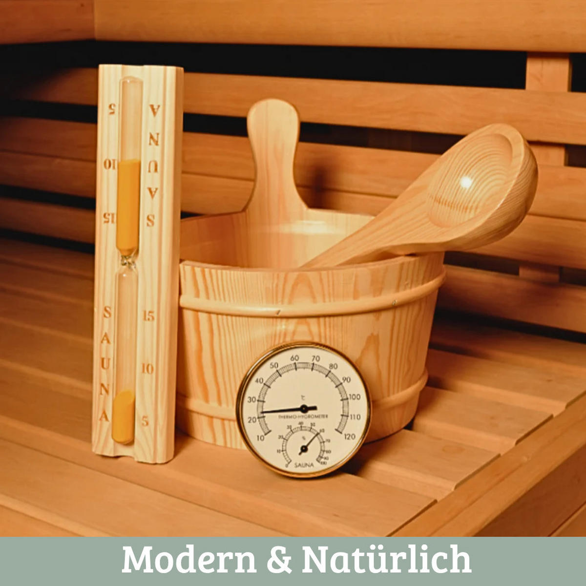 SAUNAZUBEHÖR Saunaeimer mit Kelle 4-tlg. Saunakübel Sanduhr & Thermometer - Braun, Holz (25/38/25cm) - DELUKE