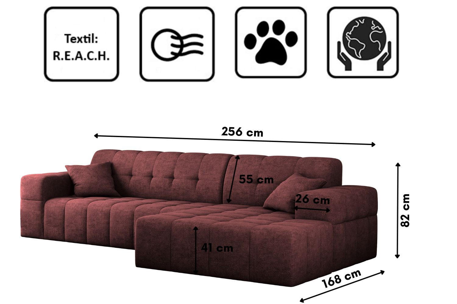 ECKSOFA NIMES Stoff Perfect Harmony Rotwein Rechts - Rot, Holz/Kunststoff (265/168cm) - Kaiser Möbel