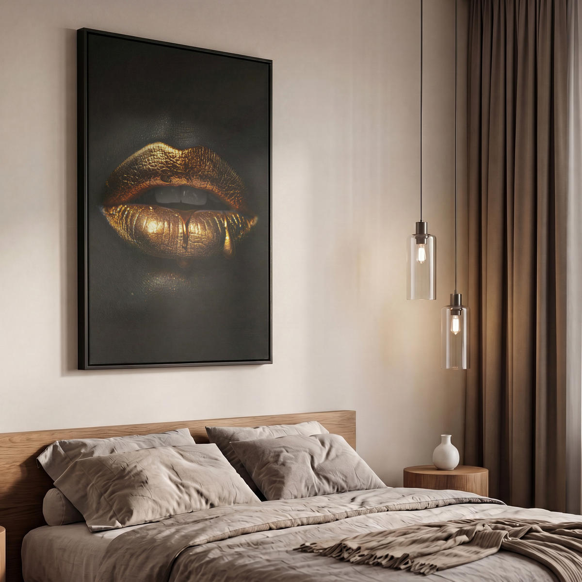 LEINWAND Bilder mit Rahmen - Frau - Porträt - Lippen - Gold - Schwarz - 60x90 - Schwarz, Textil (60/90cm) - MuchoWow