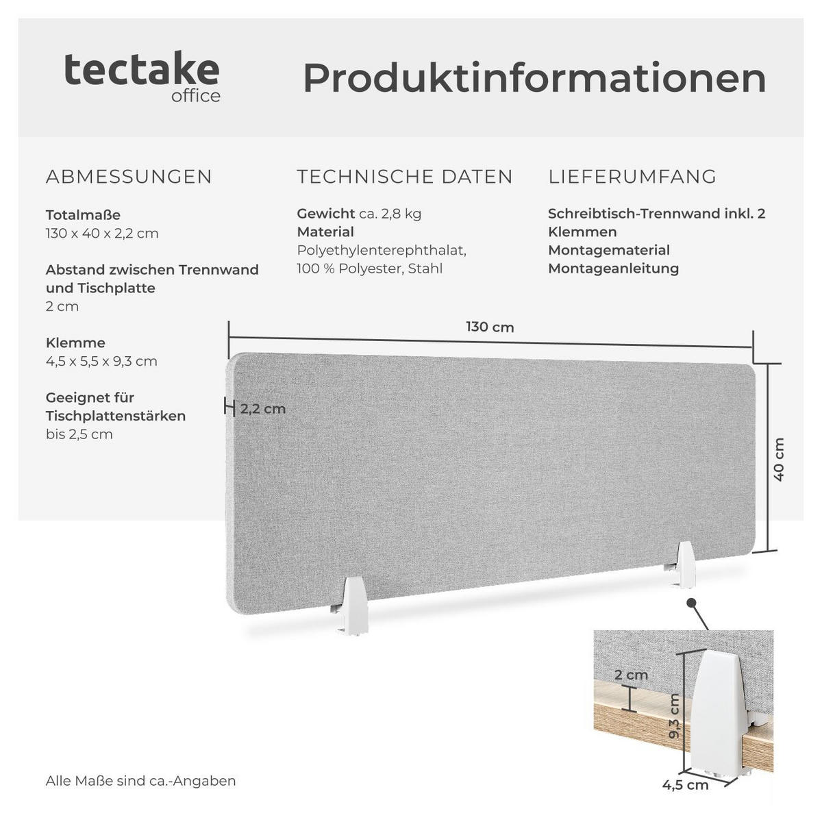 TRENNWAND für Schreibtisch Noisy,inkl. 2 Befestigungsklemmen,grau - Grau, Kunststoff (2.2/130/40cm) - tectake
