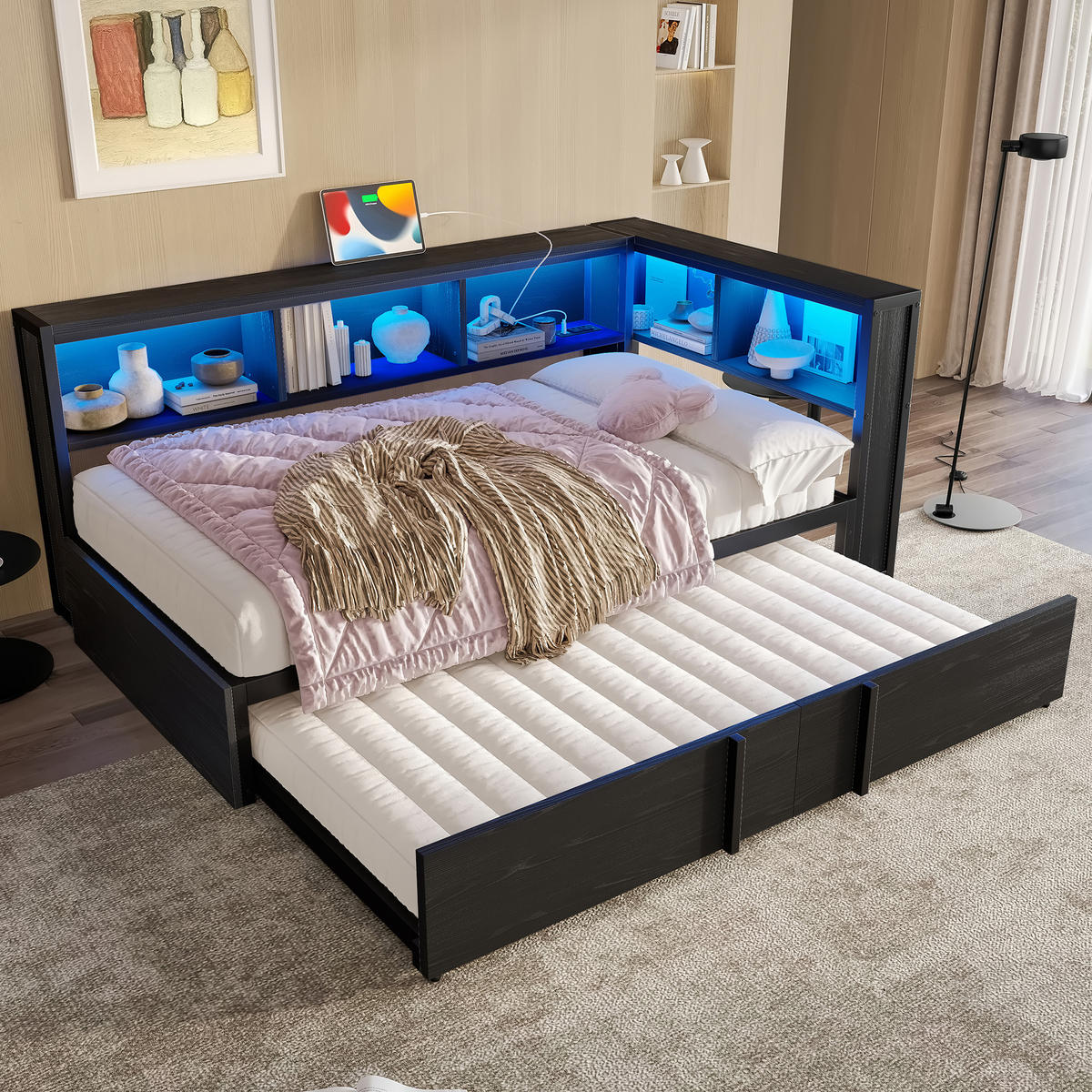 METALLBETT 90/200 cm in Schwarz mit Ausziehbett, LED und USB - Schwarz, Holzwerkstoff/Metall (90/200cm) - CHICFURN