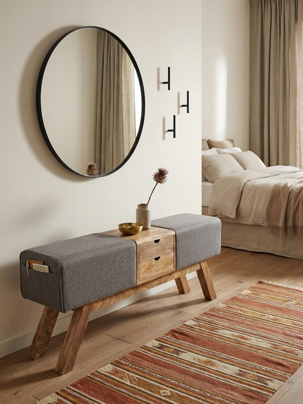 SITZBANK Massivholz Stoffbezug mit 2 Schubladen, Grau 120x30x56 cm - Braun/Grau, Mangoholz/Textil (120/56/30cm) - KADIMA DESIGN