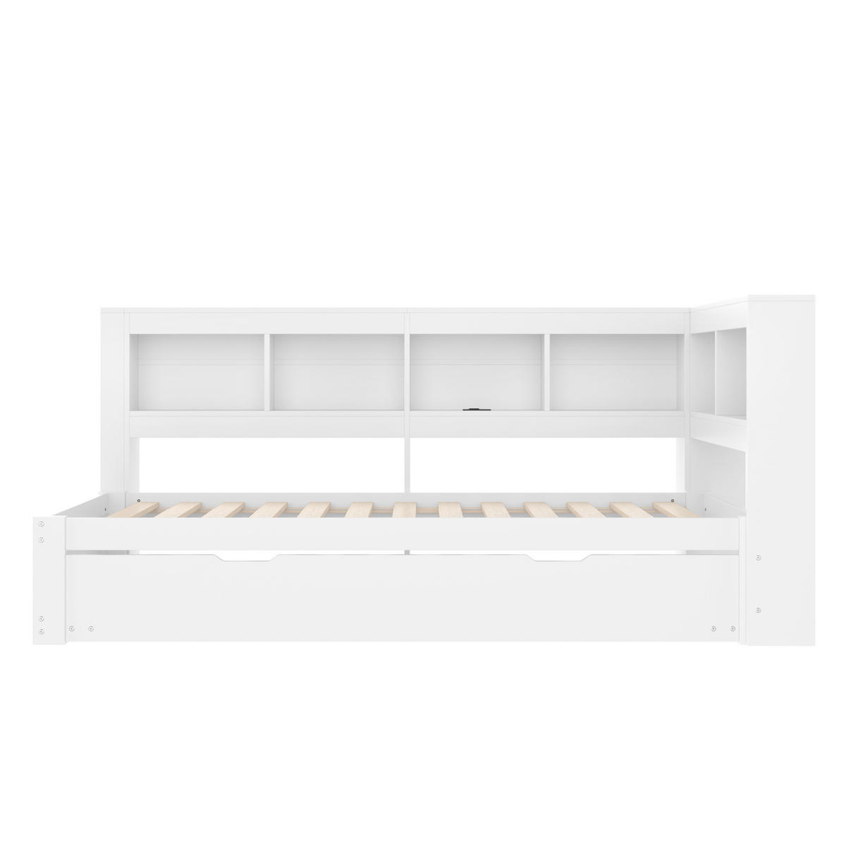 BETT 90/200 cm mit ausziehbarem Rollbett und USB, inkl. Lattenrost - Weiß, Holz (90/200cm) - BEAOK