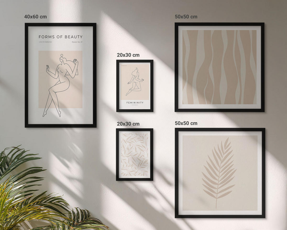 WANDBILDER 5er-Set - 50x50 cm & 20x30 cm & 40x60 cm Schwarzer Rahmen - Minimalistische Pflanzenmotive - Schwarz, Kunststoff (40/60cm) - ArtPrintCave