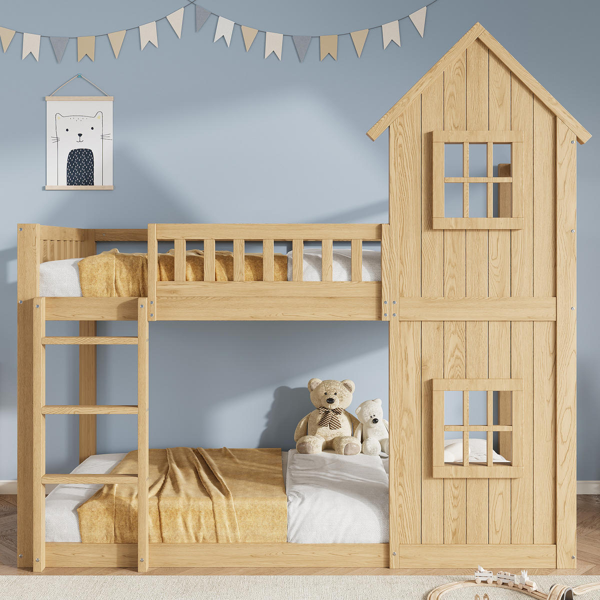 ETAGENBETT 90/200 cm in Natur mit Hausform, Fenstern und Treppe - Naturfarben, Holz/Holzwerkstoff (90/200cm) - WISHDOR