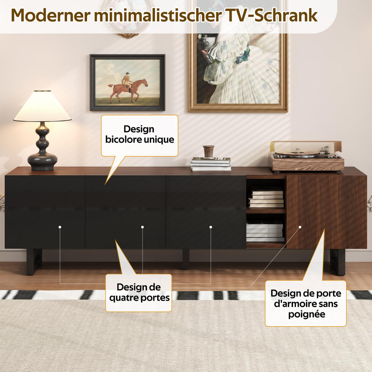 TV Lowboard 180x38x50 cm, 4 Türen, Vintage Holz - Schwarz, Holz (180/50/38cm)
