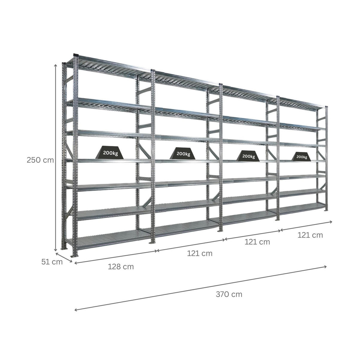 FACHBODENREGAL Proximo Stecksystem 250x480x50cm 7 Ebenen Beidseitig nutzbar Verzinkt - Silberfarben, Metall (480/250/50cm) - PROREGAL
