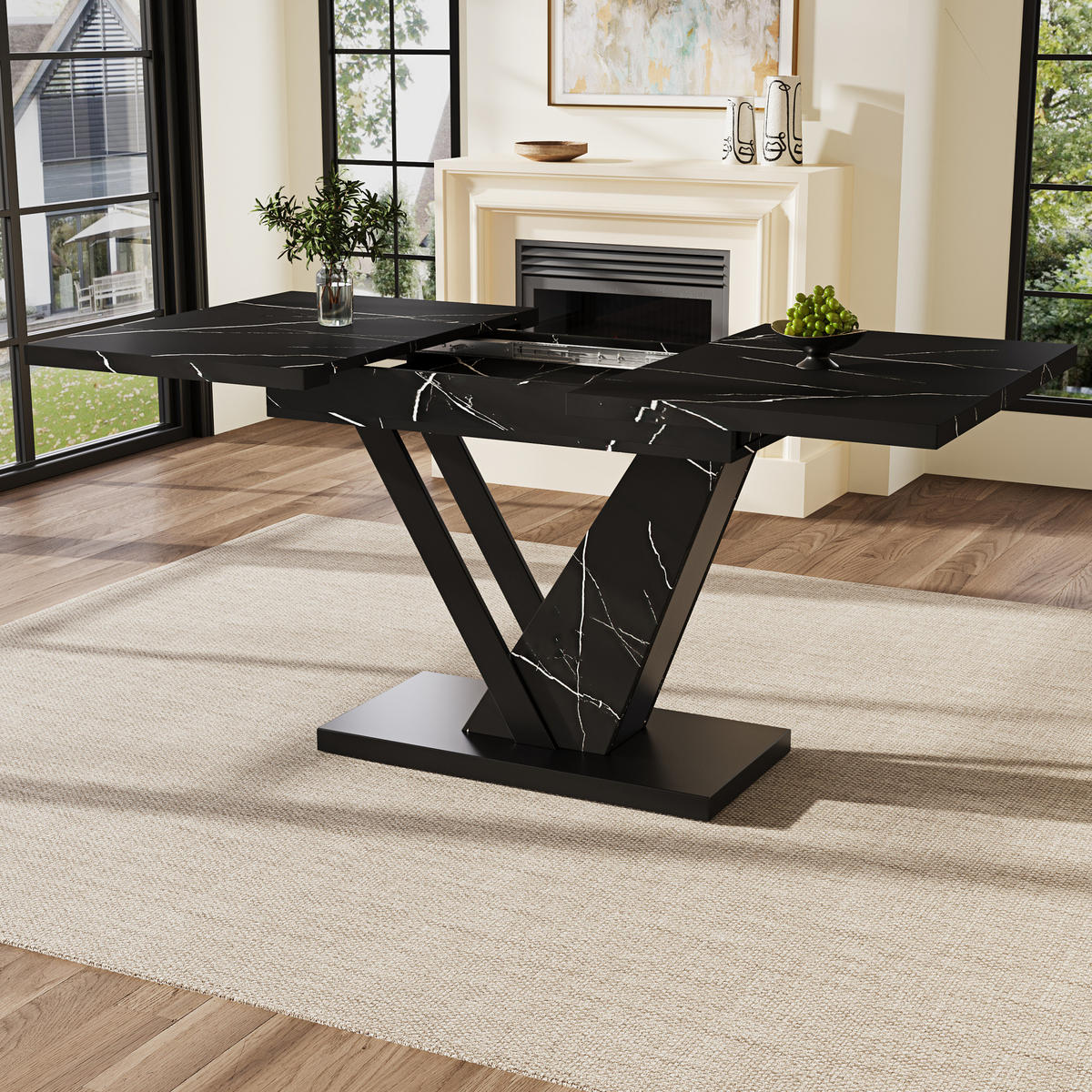 ESSTISCH ausziehbar, MDF mit Marmormuster & Metallgestell, 120-160/75/75,5 cm, Schwarz - Schwarz, Holzwerkstoff (120/75/75.5cm) - Redom