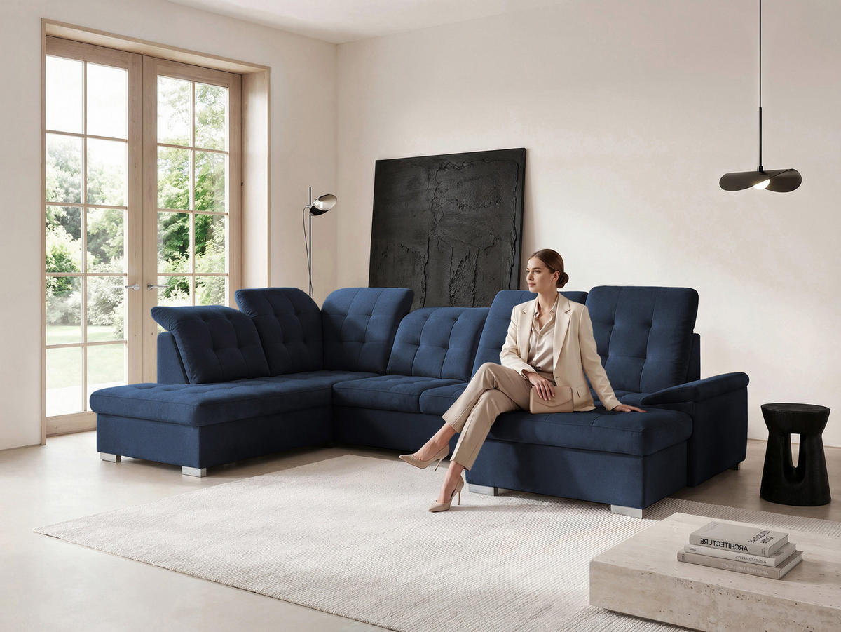 WOHNLANDSCHAFT ANON Ottomane Links, mit Schlaffunktion und Bettkasten, Dunkelblau - Dunkelblau, Kunststoff/Textil (322/87/220cm) - Idohome