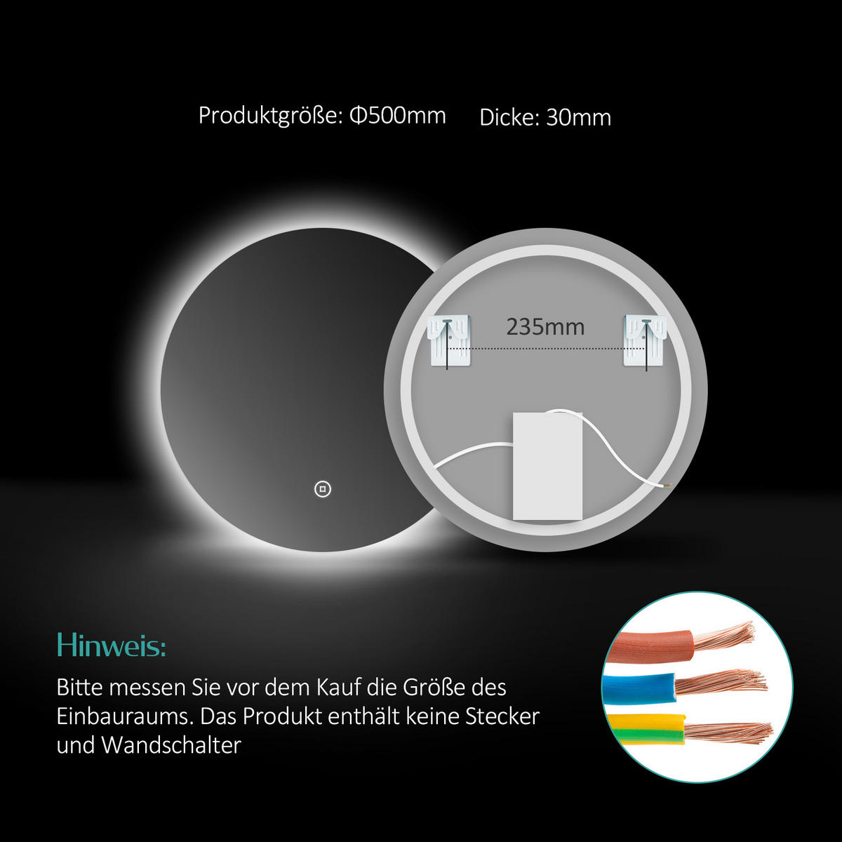 BADSPIEGEL rund mit Beleuchtung rahmenlos Ø50 cm - Weiß, Glas (50/3/50cm) - EMKE