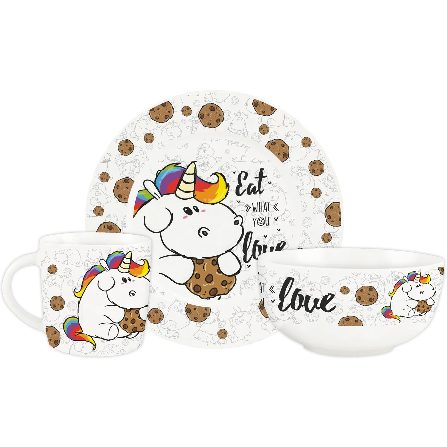 FRÜHSTÜCKSSET Pummel & Friends Pummeleinhorn Eat what you love Weiß 3-teilig - Multicolor, Keramik (23.8/11.2/23.3cm) - United Labels
