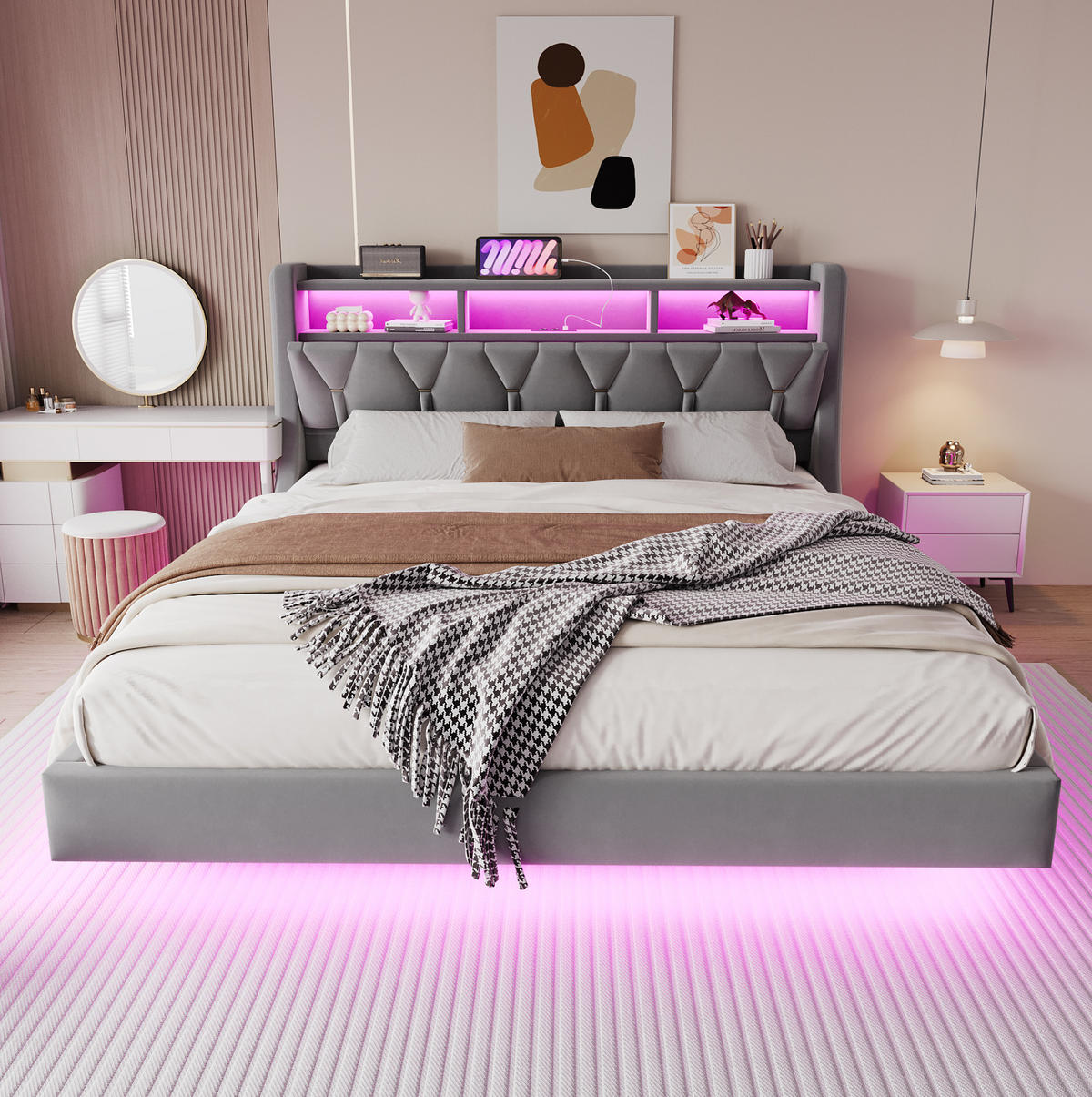 TAPECIRANI krevet 180/200 cm s LED osvjetljenjem, USB i Type-C priključcima te sklopivim uzglavljem, Siva - siva, drvni materijal (180/200cm) - Redom