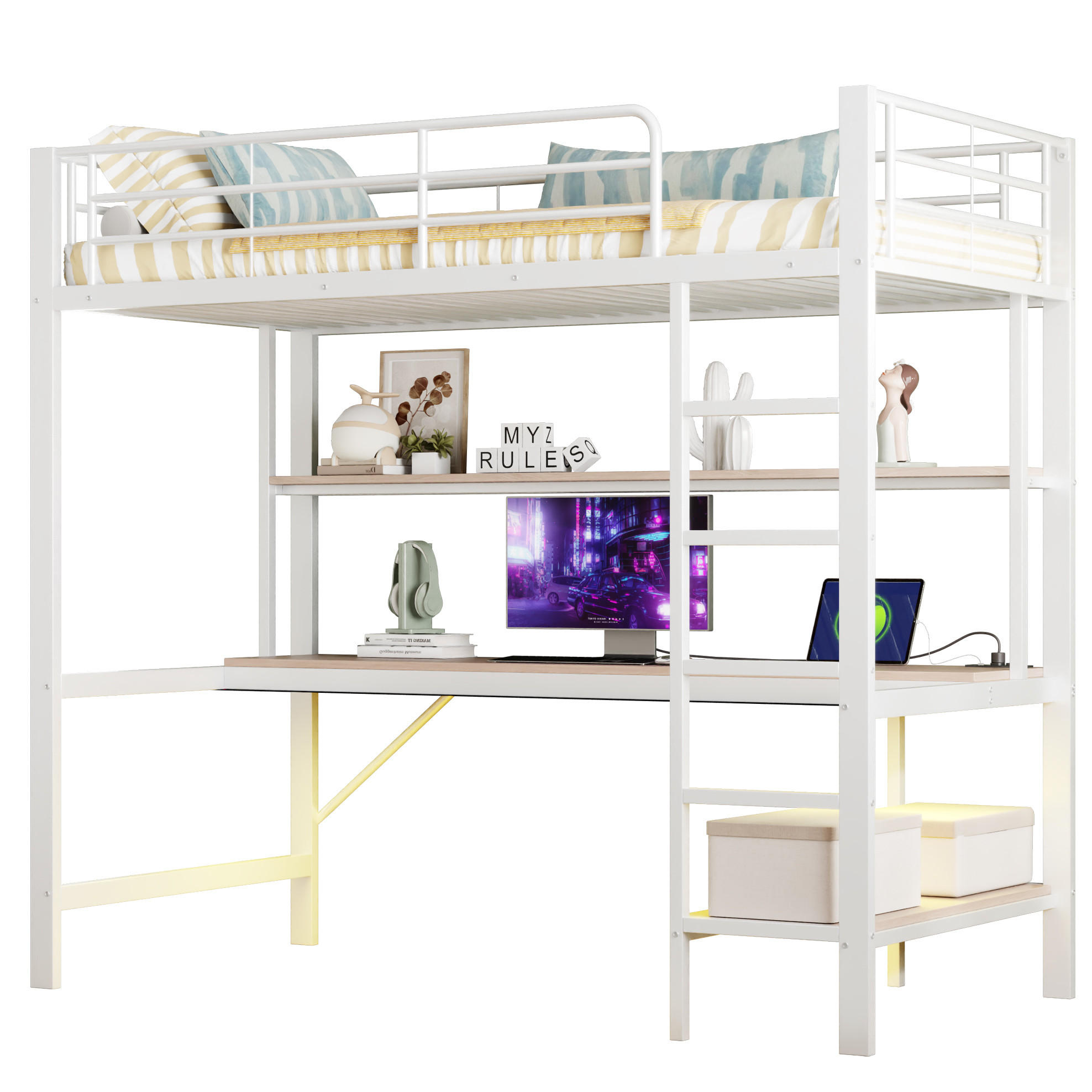 HOCHBETT 90/200 cm mit Schreibtisch, Regal, LED, USB und Steckdose, Metall/MDF, Weiß - Weiß, Metall (90/200cm) - Redom