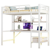 HOCHBETT 90/200 cm mit Schreibtisch, Regal, LED, USB und Steckdose, Metall/MDF, Weiß - Weiß, Metall (90/200cm) - Redom