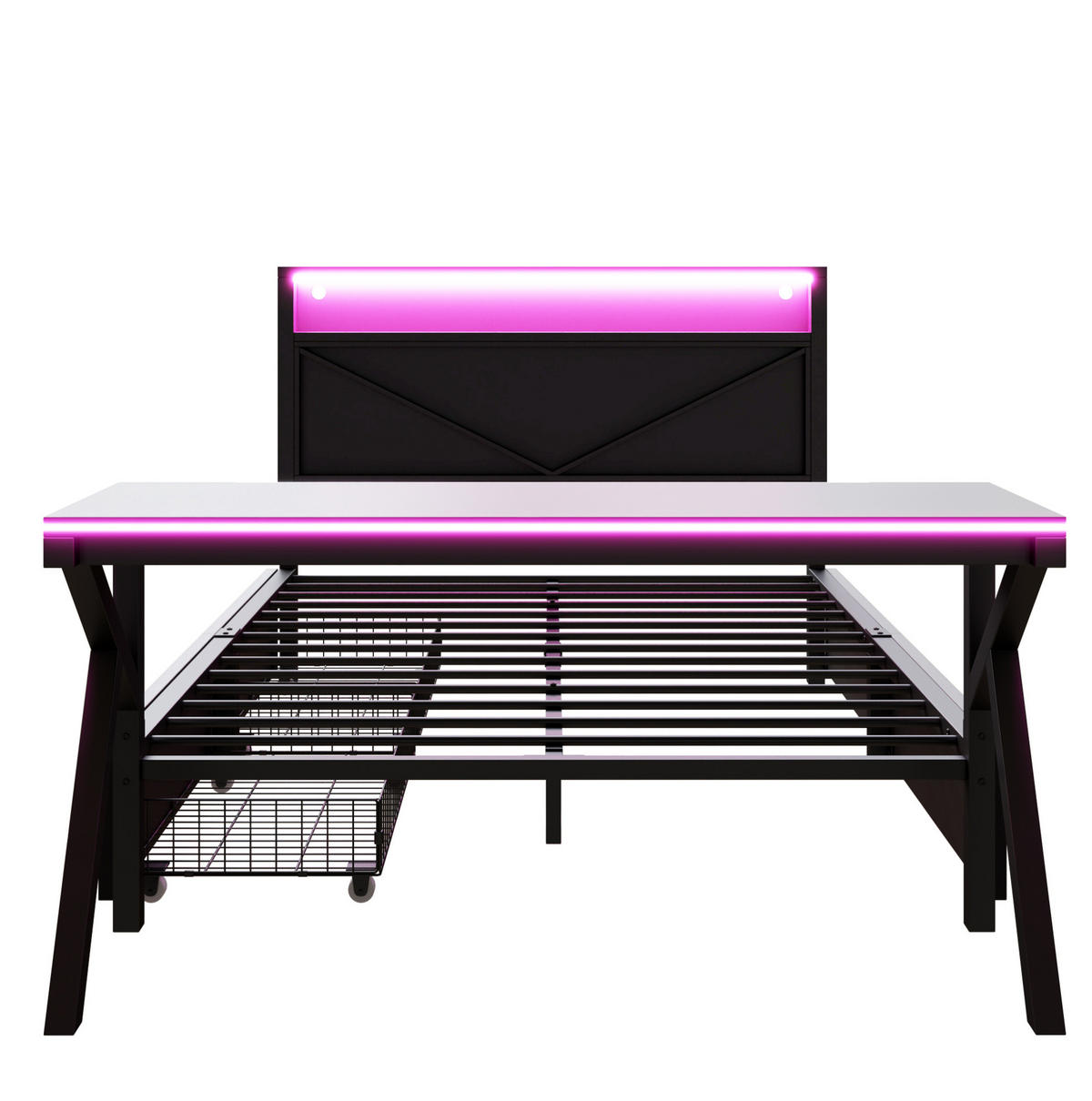 METALLBETT 140/200 cm mit LED-Kopfteil, LED-Schreibtisch und 2 Schubladen, MDF/Metall, Schwarz - Schwarz, Holzwerkstoff (140/200cm) - Redom