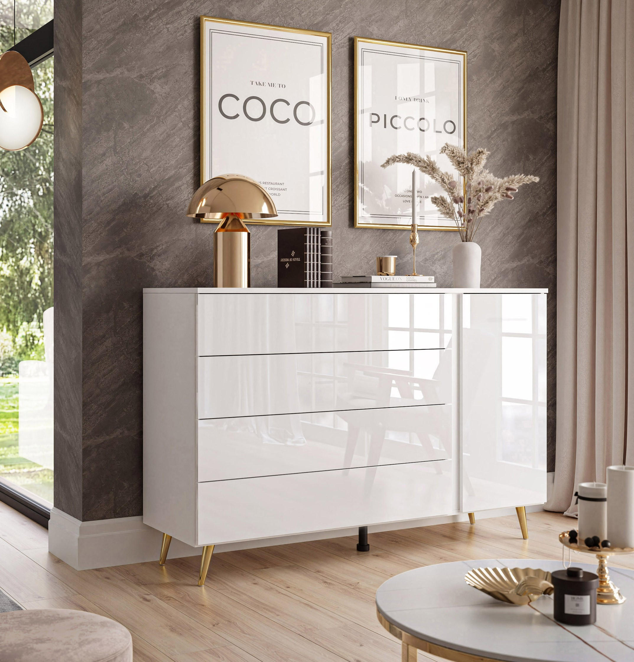 KOMMODE AURA II mit LED-Beleuchtung PUSH OPEN Beinfarbe – Gold - Goldfarben/Weiß, Holzwerkstoff (138/84/40.6cm) - Lookway