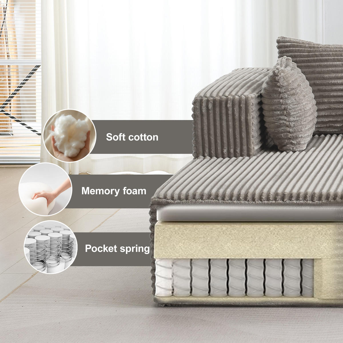 SOFA modulares Ecksofa L-Form Cord Grau 2-tlg. - Grau, Kunststoff (179/279cm) - Meubliv