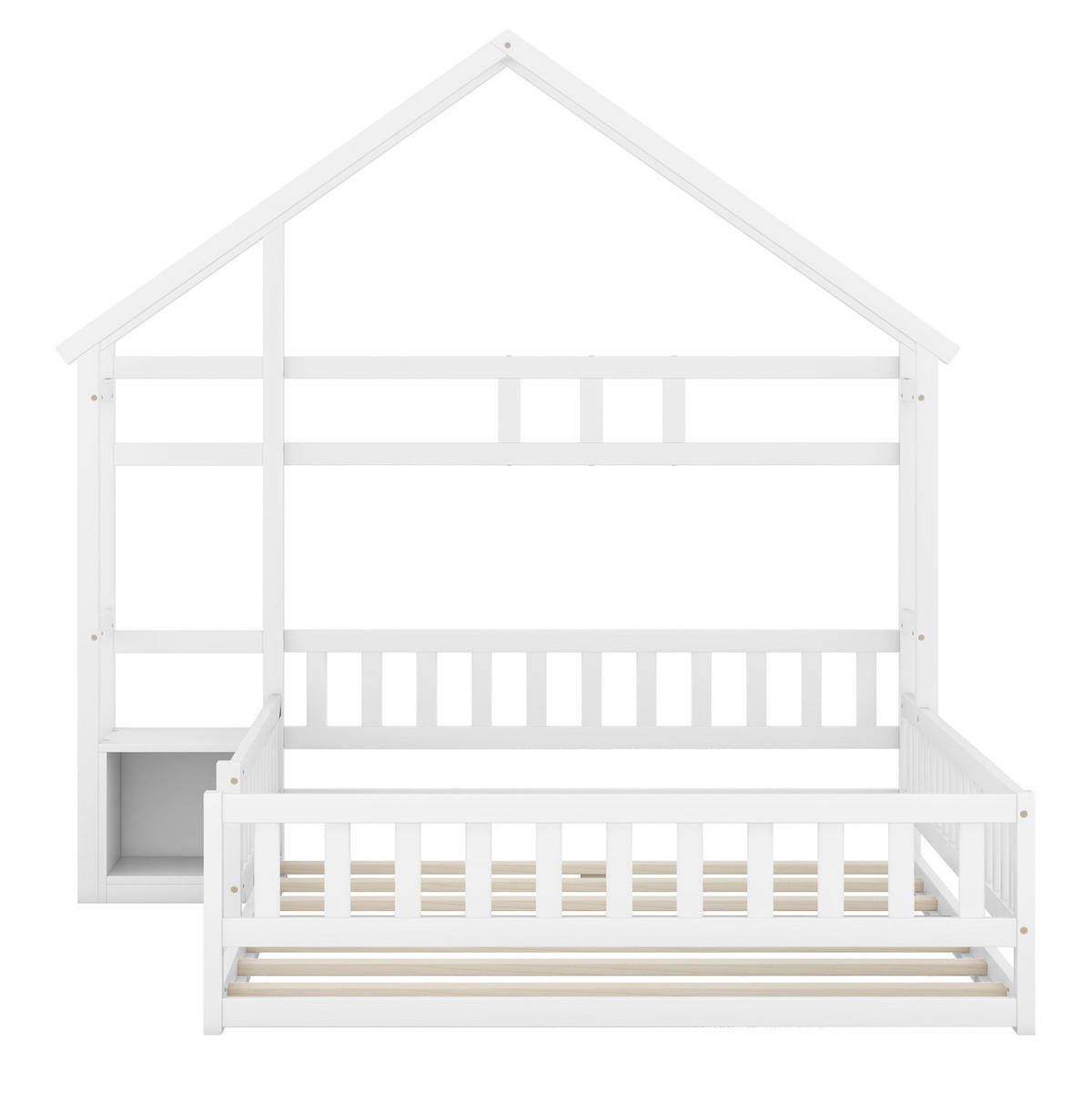 HAUSBETT 140/200 cm mit Geländer und Nachttisch aus Kiefern, Weiß - Weiß, Holzwerkstoff (140/200cm) - Redom