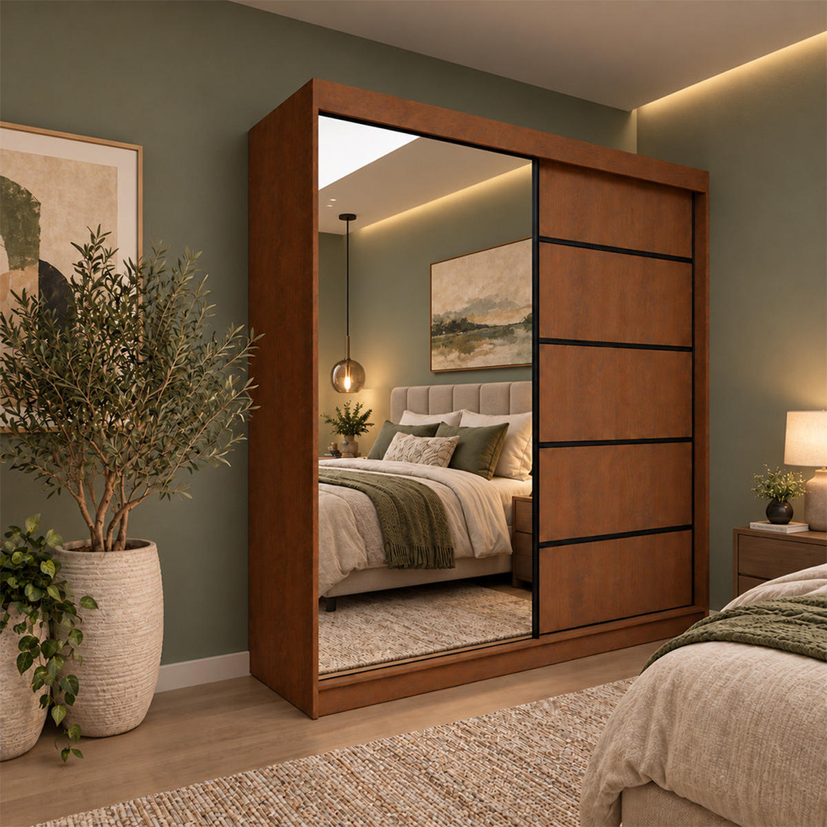 KLEIDERSCHRANK Malika 200 cm Nussbaum Warmia Spiegel 2 Schubl. Griffe schwarz - Nussbaumfarben, Holzwerkstoff (200/216/61cm) - KS Home Concept