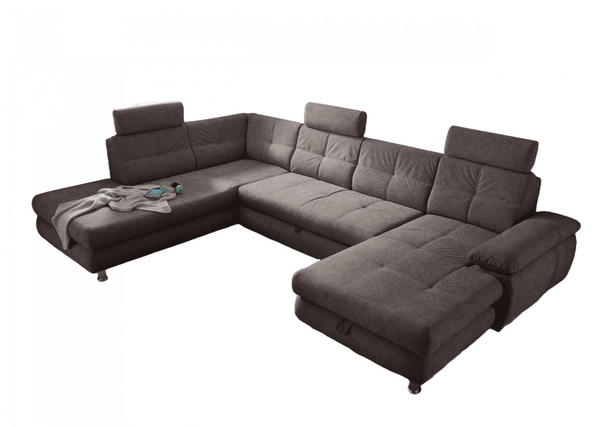 WOHNLANDSCHAFT mit Schlaffunktion, Bettkasten und verstellbaren Arm- und Kopflehnen - Chromfarben/Braun, Textil/Metall (349/88/233cm) - ed exciting design