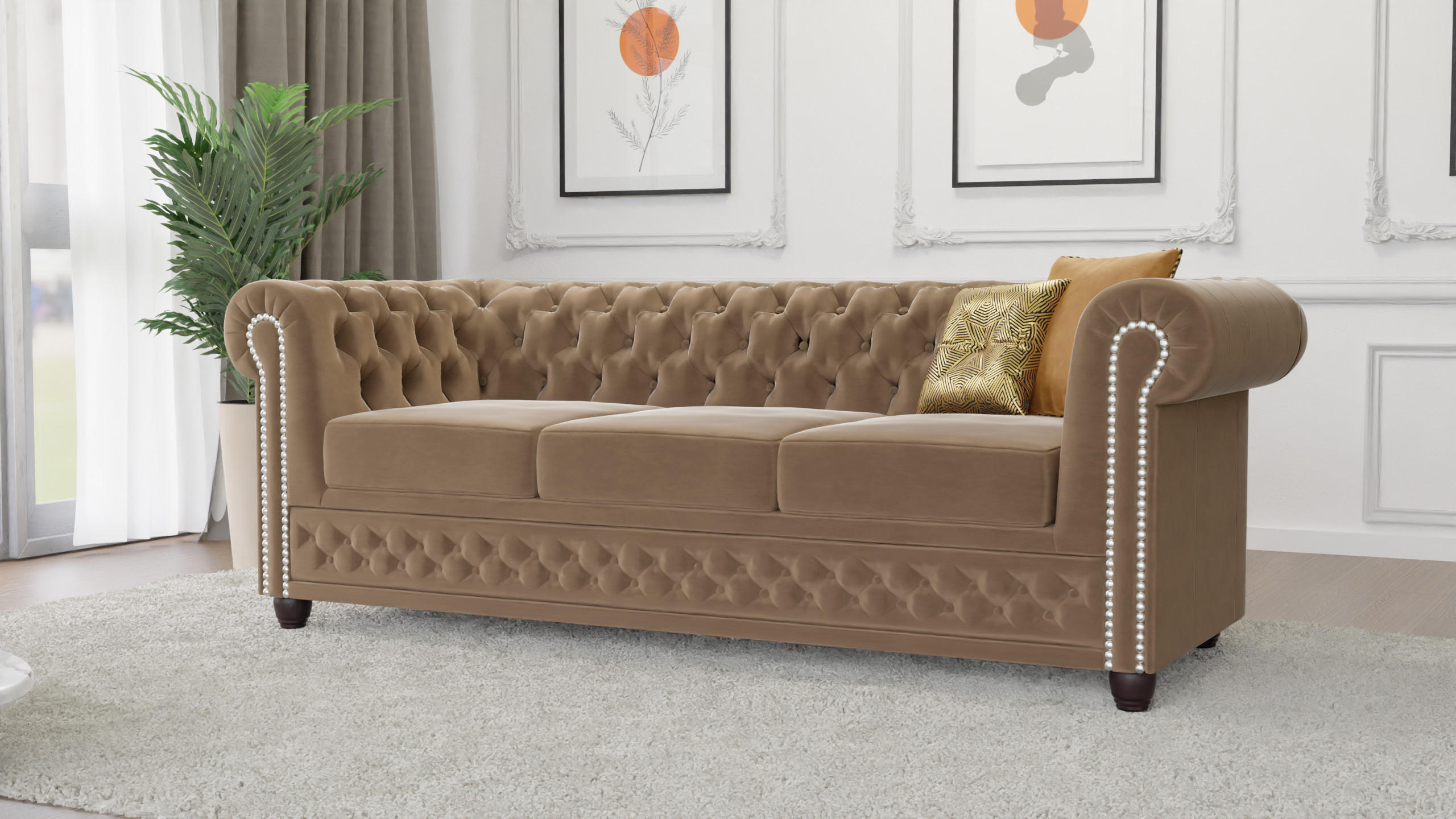CHESTERFIELD-SOFA 3-sitzer Nyx Beige Samt - Beige/Braun, Holz/Textil (203/72/86cm) - S-Style Möbel