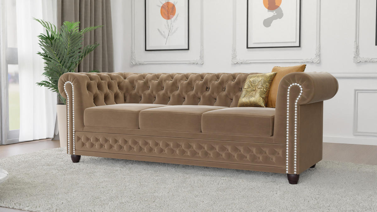 SITZGARNITUR mit Schlaffunktion 3+2+1 Chesterfield Nyx Beige Samt - Beige/Braun, Holz/Textil (203/72/86cm) - S-Style Möbel