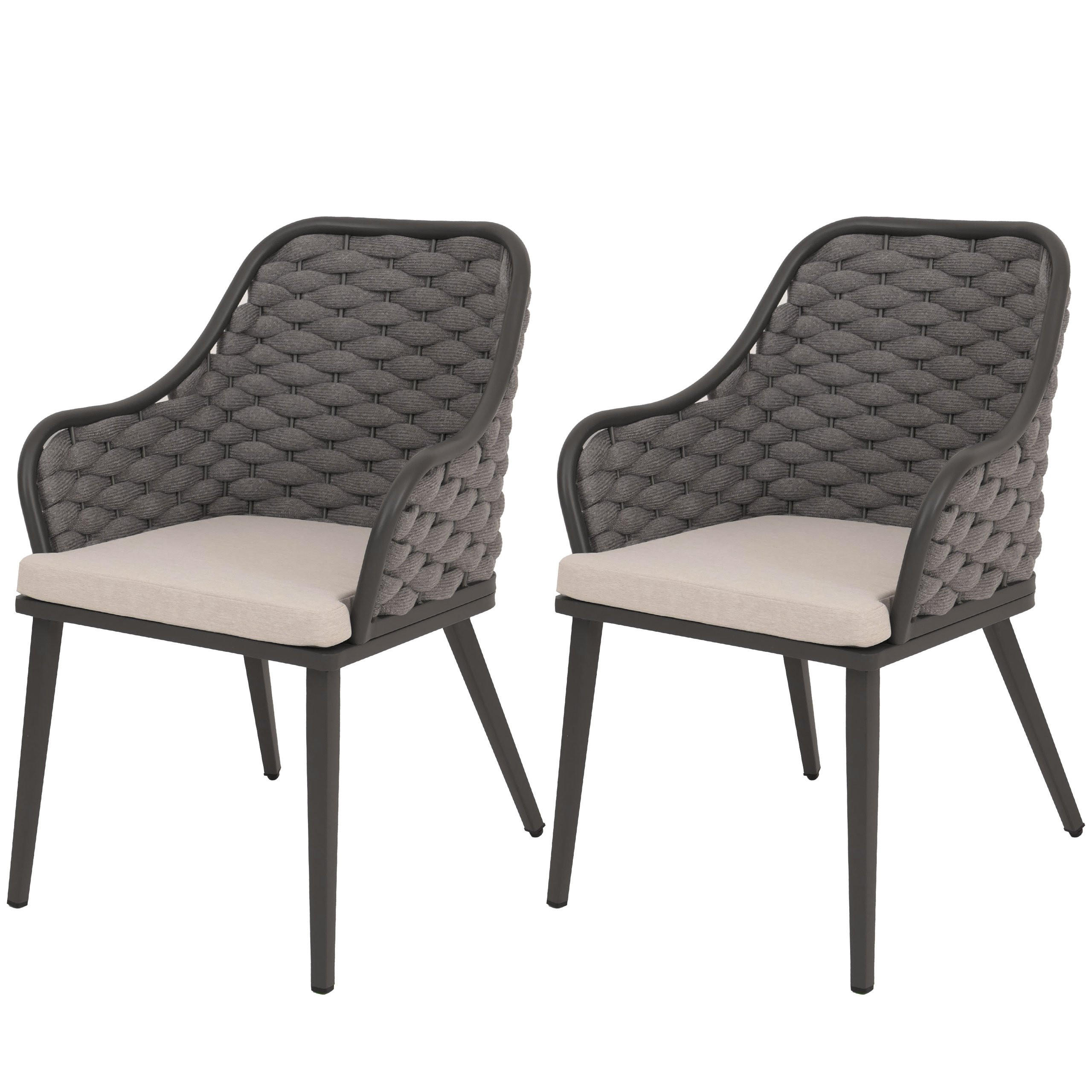GARTENSTUHL 2er-Set aus Aluminium HxBxT 84x59x63cm Sitzhöhe 46cm Olefin (200 g/m²) Seilgeflecht Rope Anthrazit Kissen Taupe - Anthrazit, Metall (59/84/63cm) - PROREGAL