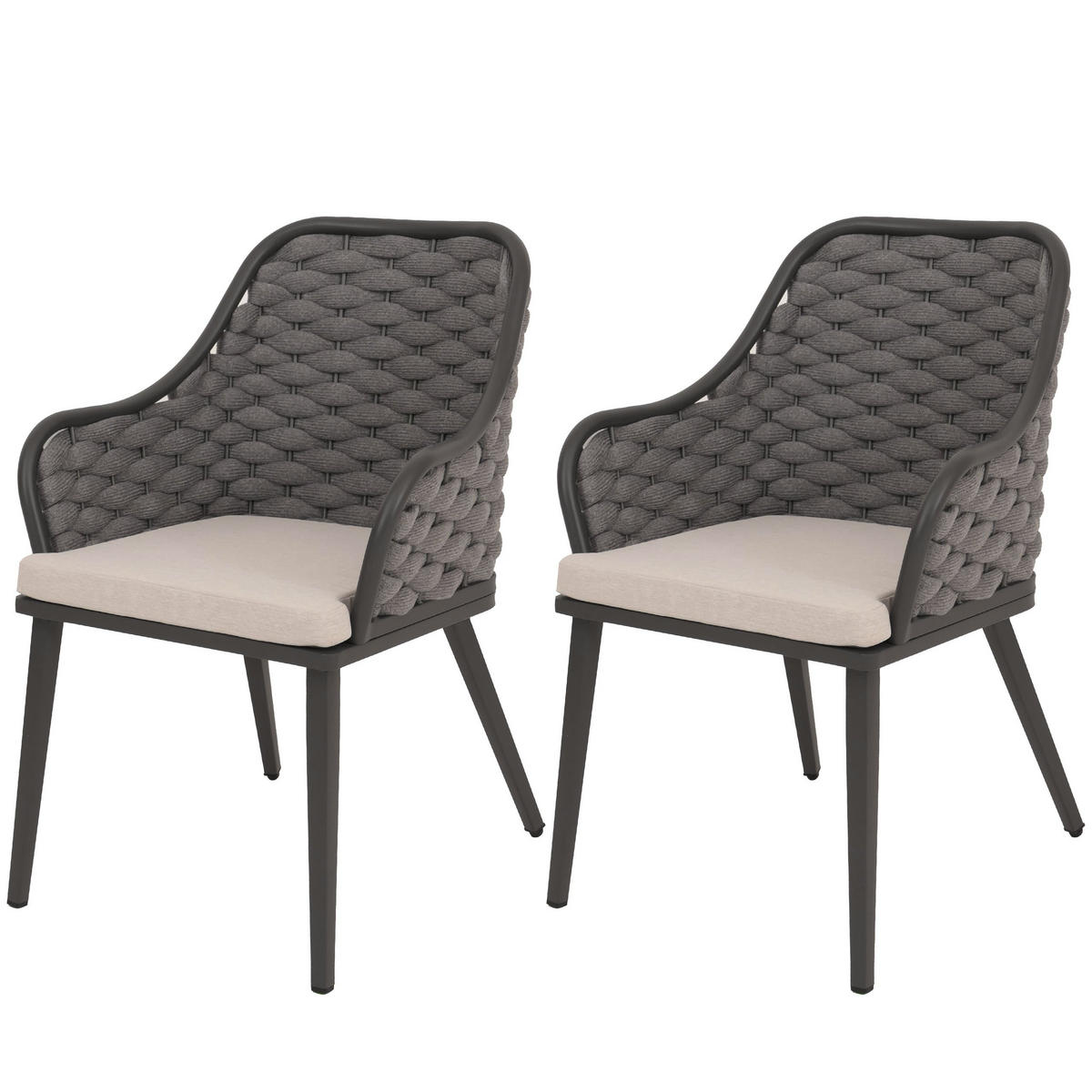 GARTENSTUHL 2er-Set aus Aluminium HxBxT 84x59x63cm Sitzhöhe 46cm Olefin (200 g/m²) Seilgeflecht Rope Anthrazit Kissen Taupe - Anthrazit, Metall (59/84/63cm) - PROREGAL