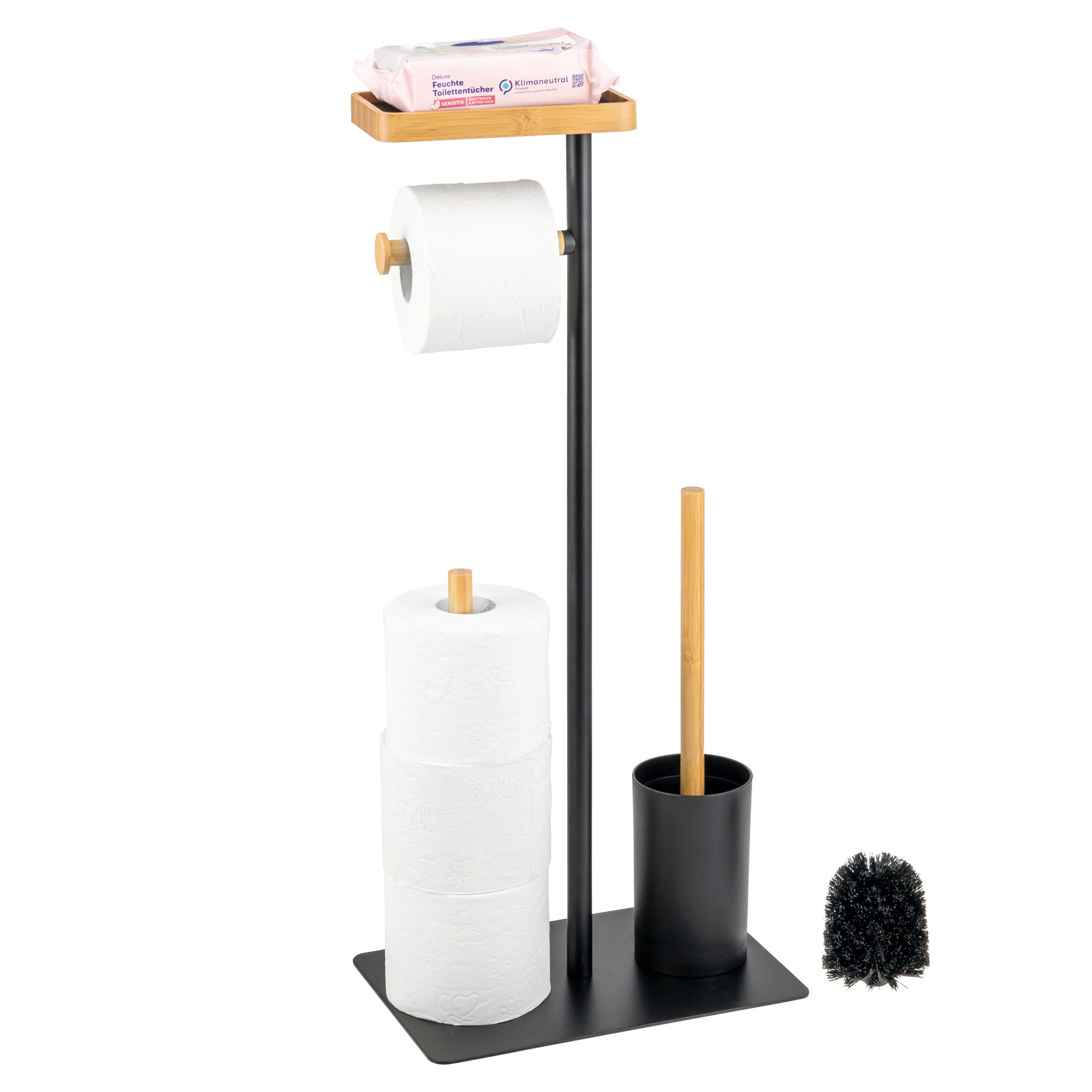 STAND-WC-GARNITUR 4in1, Bambus/Metall schwarz - Schwarz, Metall (30/68/20cm) - eluno