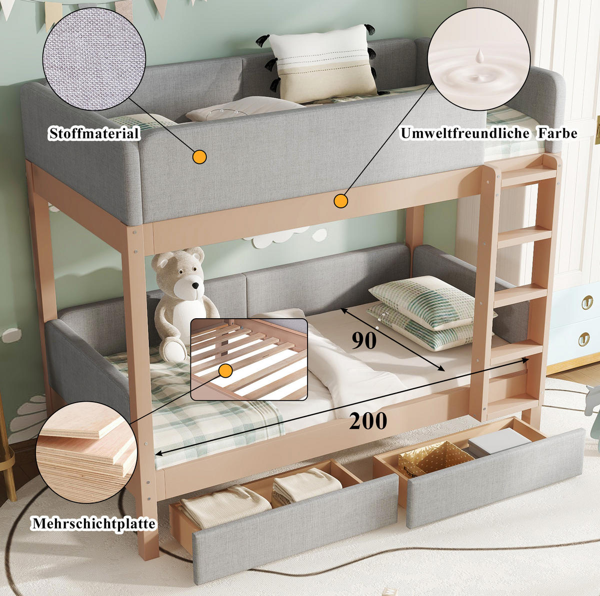 ETAGENBETT 90/200 cm Grau/Natur mit 2 Schubladen und gerader Treppe - Grau, Holz (90/200cm) - Flora Grace
