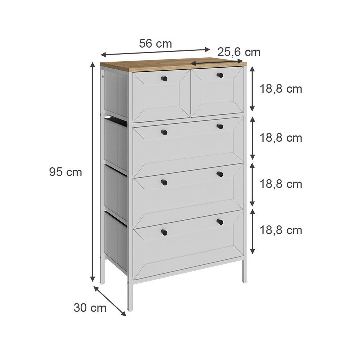 KOMMODE Belaro Weiß 56 x 95 cm mit 5 Schubladen - Weiß, Holzwerkstoff (56/95/30cm) - Vicco