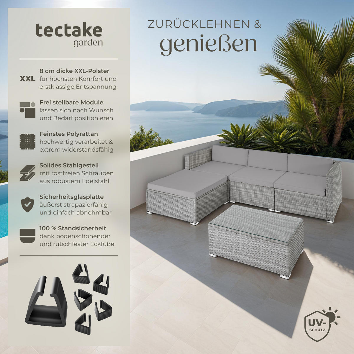 RATTANLOUNGE Florenz,mit Sicherheitsglasplatte,hellgrau/dunkelgrau - Dunkelgrau/Hellgrau, Kunststoff - tectake