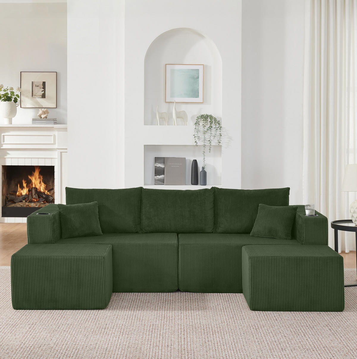 SOFA modular 3-Sitzer L-Form Cord Green mit 2 Ottomanen - Grün, Kunststoff (230/75/138cm) - IVMEU