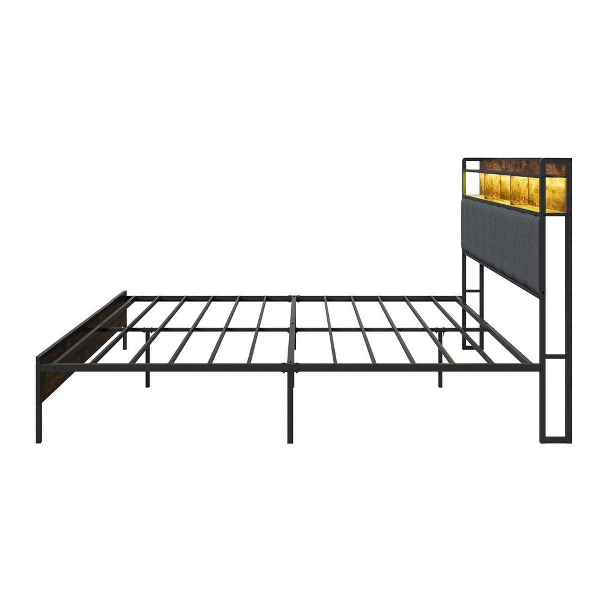 METALLBETT 160x200 cm mit LED Beleuchtung - Kopfteil-Stauraum - USB- und USB-C - Schwarz+Grau - ohne Matratze - Schwarz, Metall (160/200cm) - DELFA