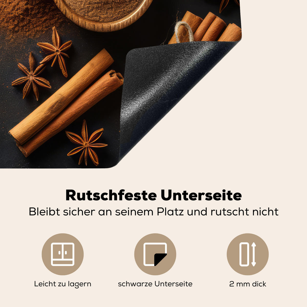 HERDABDECKPLATTE Zimt - Beton - Kaffee - Zimtstangen - Gewürze Ceranfeldabdeckung 59x52 cm - Mokka, Kunststoff (59/52/0.2cm) - MuchoWow