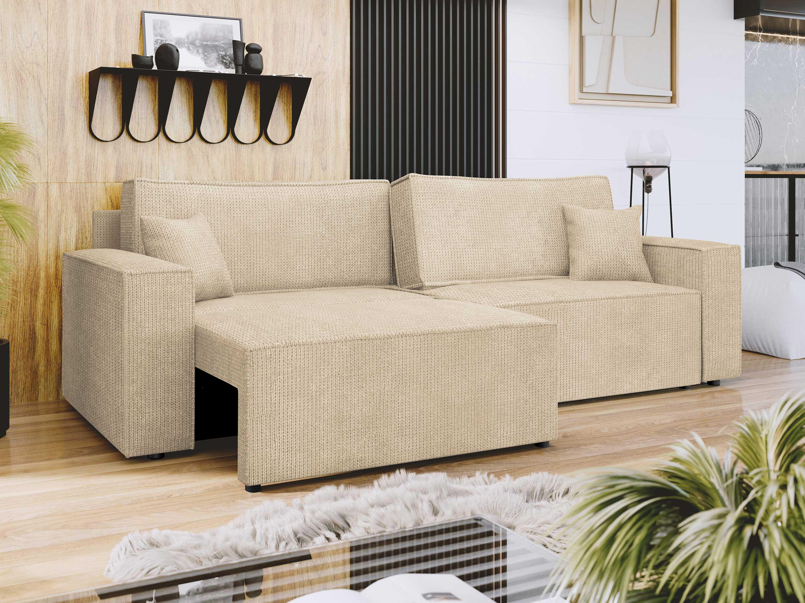 SCHLAFSOFA Karl mit L-Funktion - Schwarz/Naturfarben, Holz/Kunststoff (245/82/139cm) - MIRJAN24