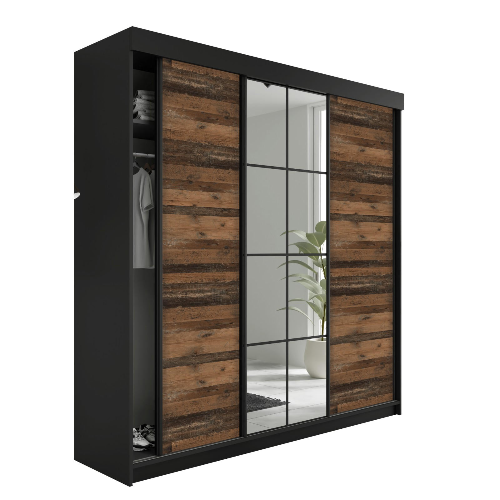 SCHIEBETÜRENSCHRANK LAMARO 200x205x59cm - Schwarz & Old Style - Dunkelbraun/Schwarz, Holzwerkstoff (200/205/59cm) - Kier Furniture