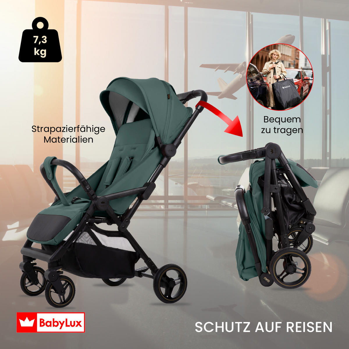 BUGGY Giau, Klein und Leicht, Teleskopische Führung, Kompakt Faltbar, Wickeltasche, Reisetasche - Schwarz/Grün, Textil/Metall (58/98cm) - BabyLux