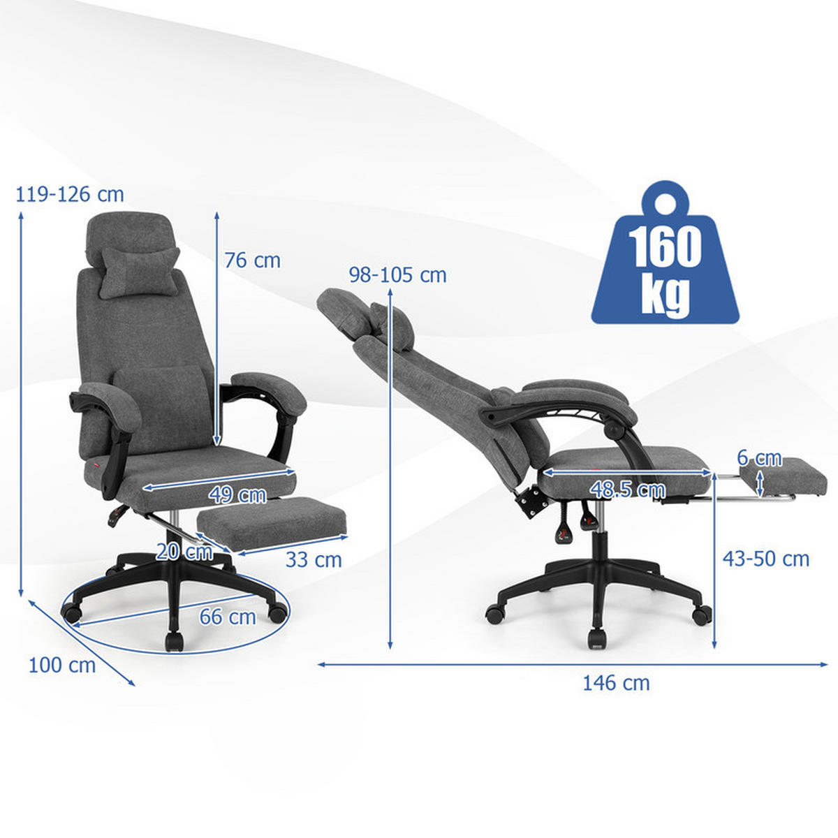 BÜROSTUHL mit ausziehbarer Fußstütze grau - Grau, Metall (100/119/66cm) - COSTWAY