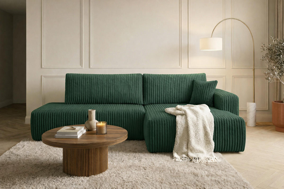 ECKSOFA Mit Schlaffunktion Und Bettkasten, Cordstoff Tilia, Grün, Rechts, OPEN XL - Grün, Holz (262/145cm) - Kaiser Möbel