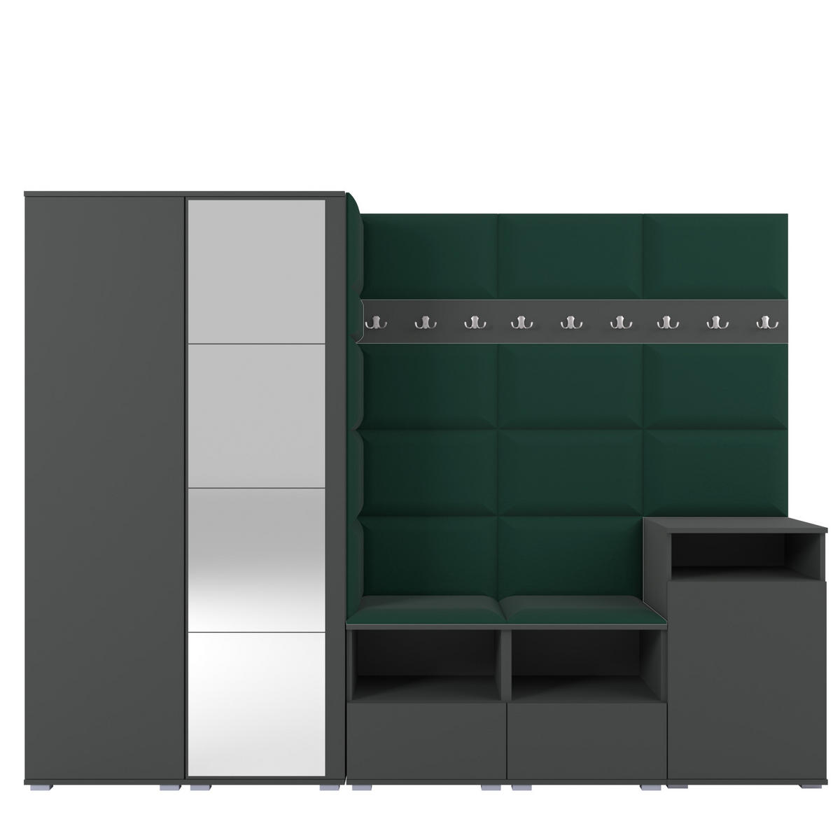 GARDEROBE NELA VIII 250 cm (Modulare Flurmöbel Graphit mit Spiegel & Sitzpolster Flaschengrün 28 Set XL) - Dunkelgrün/Silberfarben, Holz/Holzwerkstoff (250/187/40cm) - Ravio