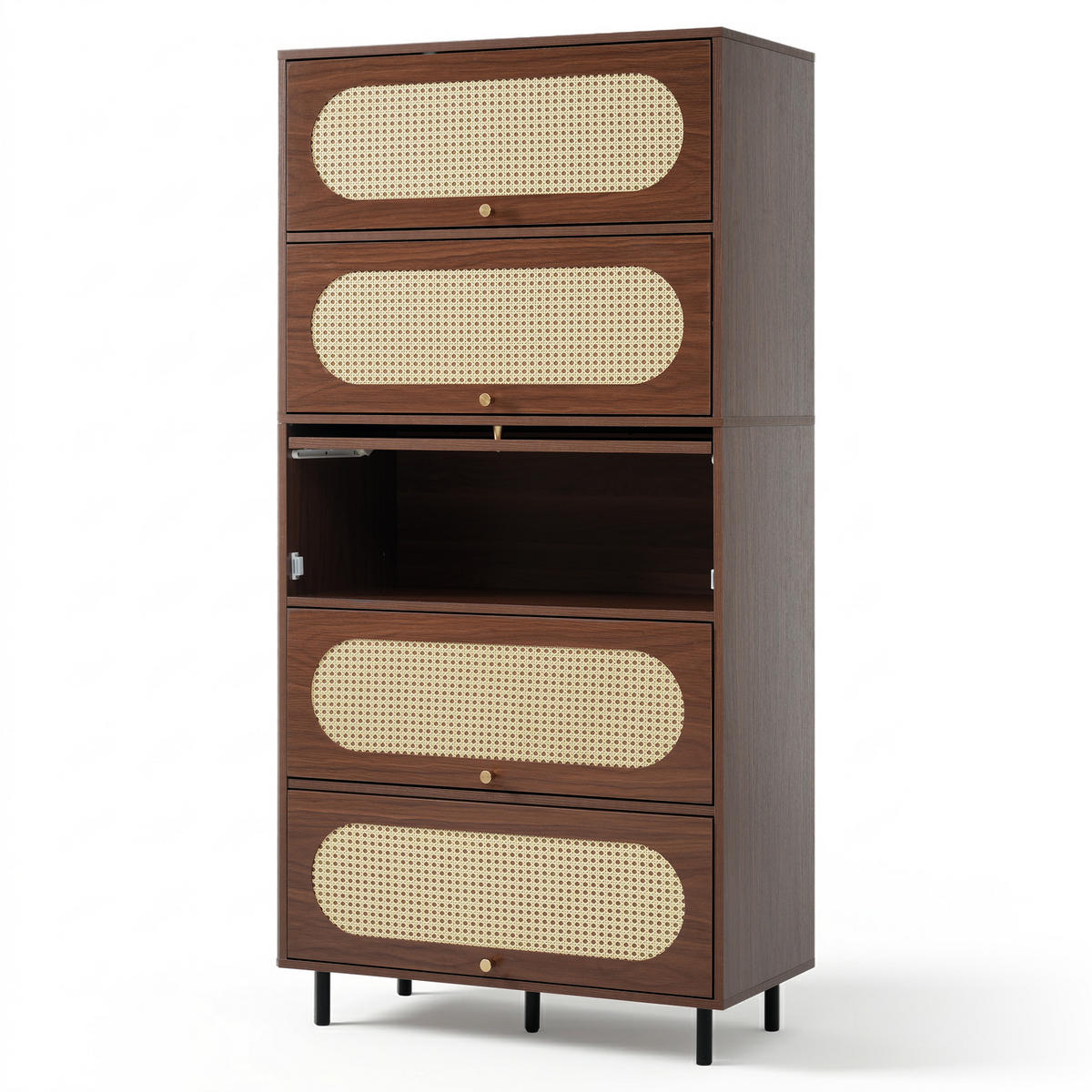 SIDEBOARD aus Holz 80x40x163 cm Nussbaum mit 5 Klappen, Rattan-Front und Metallbeinen - Walnussfarben, Holzwerkstoff (80/163/40cm) - Modfu