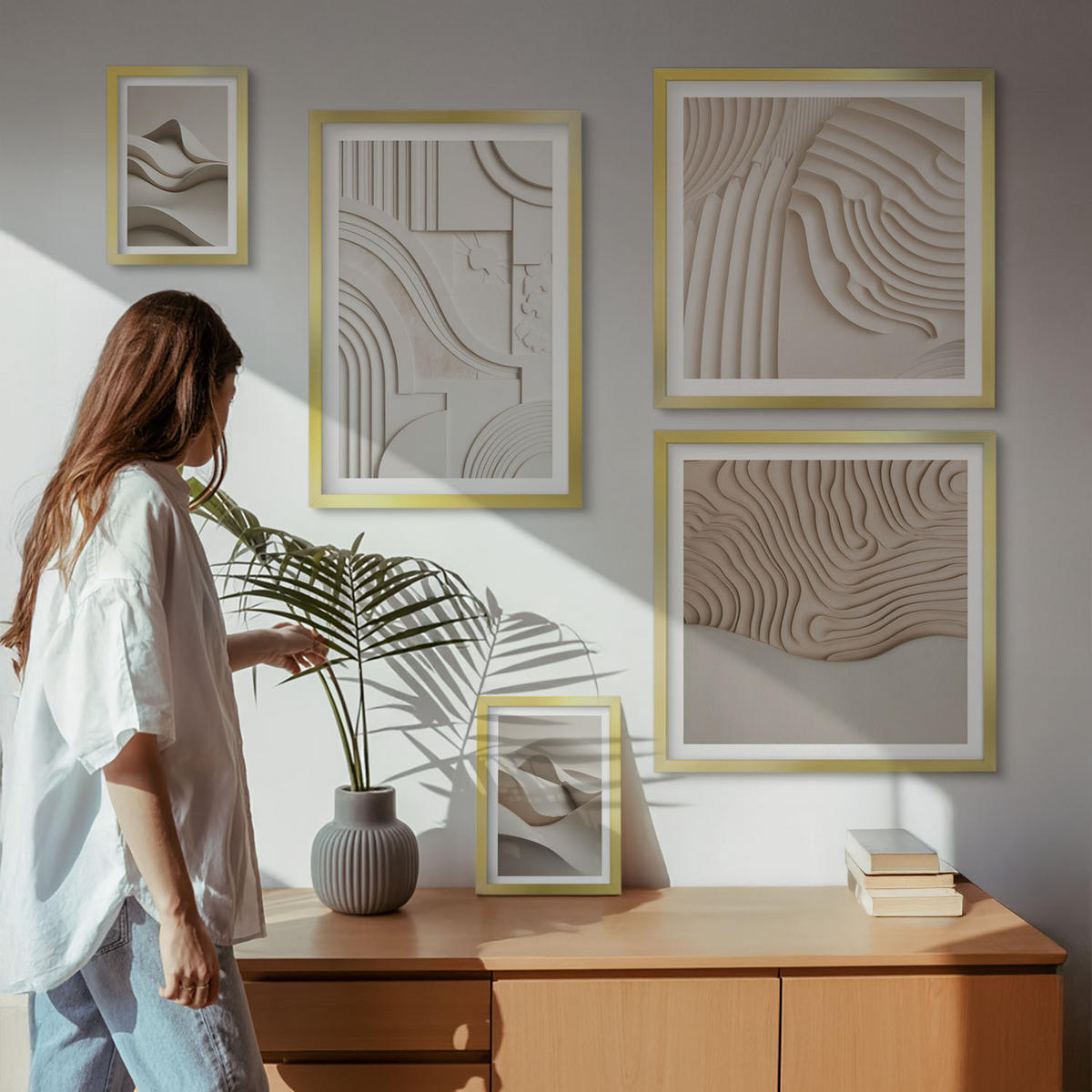 BILDER SET 5er Set - 50x50 cm & 20x30 cm & 40x60 cm Goldrahmen - Abstrakte beige Wellen - Goldfarben, Kunststoff (40/60cm) - TULUP