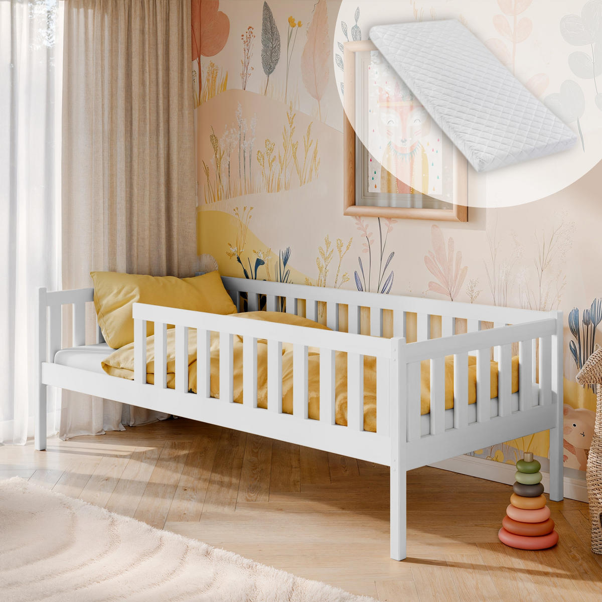 KINDERBETT mit Rausfallschutz, Lattenrost und Matratze 90x190 in weiß - Weiß, Holz - Kids Collective