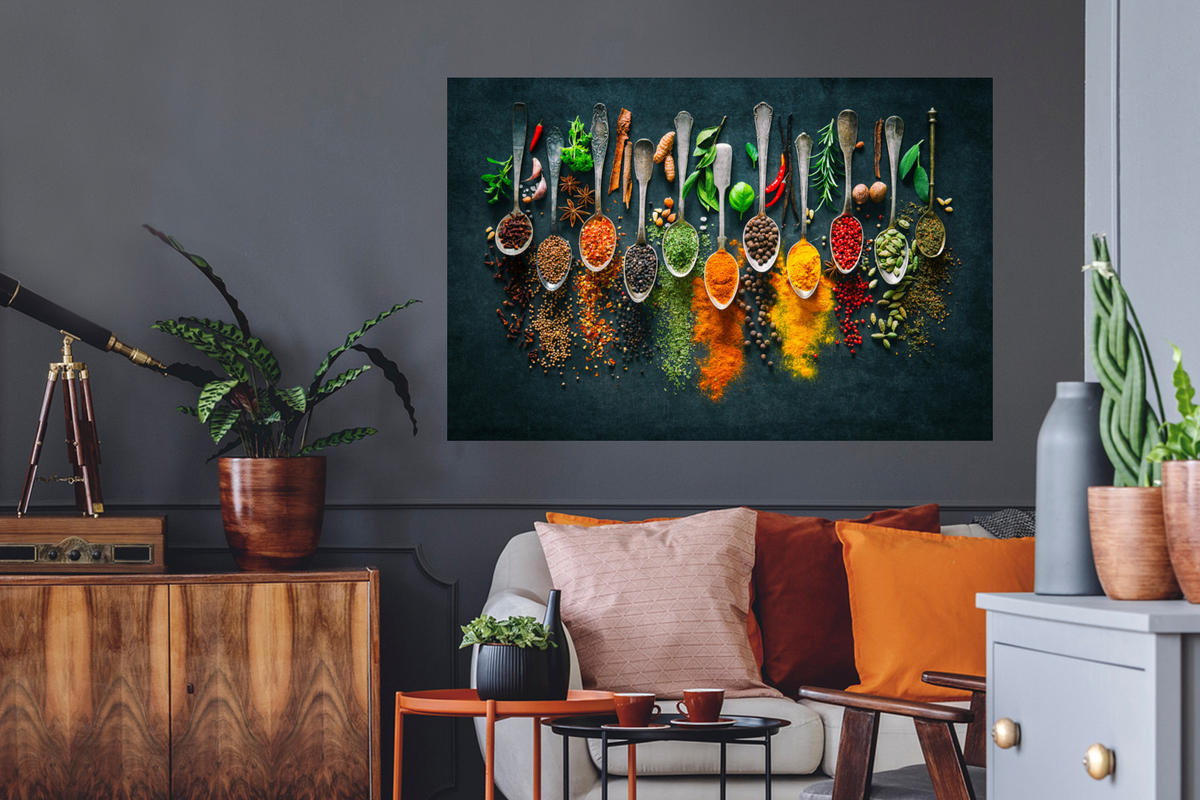 WANDTATTOO Kräuter - Gewürze - Löffel 120x80 cm - Currygelb, Kunststoff (120/80/0.1cm) - MuchoWow